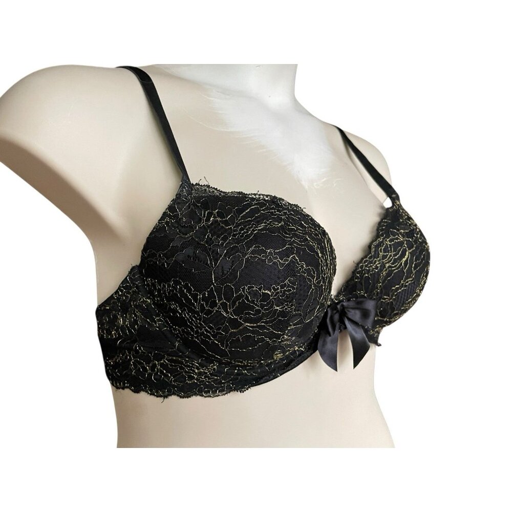 Aerie Black Gold Lace Overlay Sexy Witchy Push Up Padded Bra Satin Bow 36D Glam